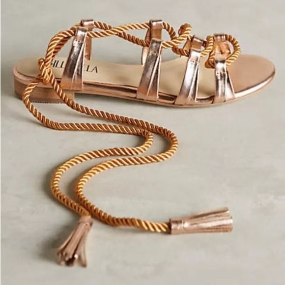 Anthropologie BILLY ELLA Lucerna Metallic Gold Leather Gladiator Tie Sandals 8 - Picture 3 of 12